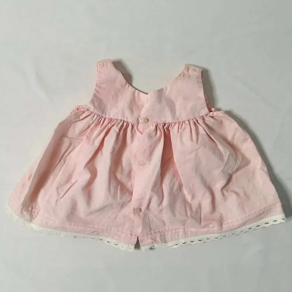 Vintage Pink Floral Embroidered Eyelit Trim Sleeveless Babydoll Dress Sz 0-3 mo